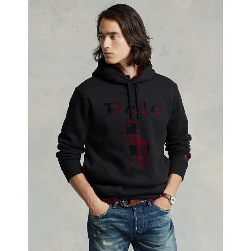 Polo Ralph Lauren Men's Slim Fit Checked Big Pony Logo Fleece Hoodie Black XL - Picture 13 of 15